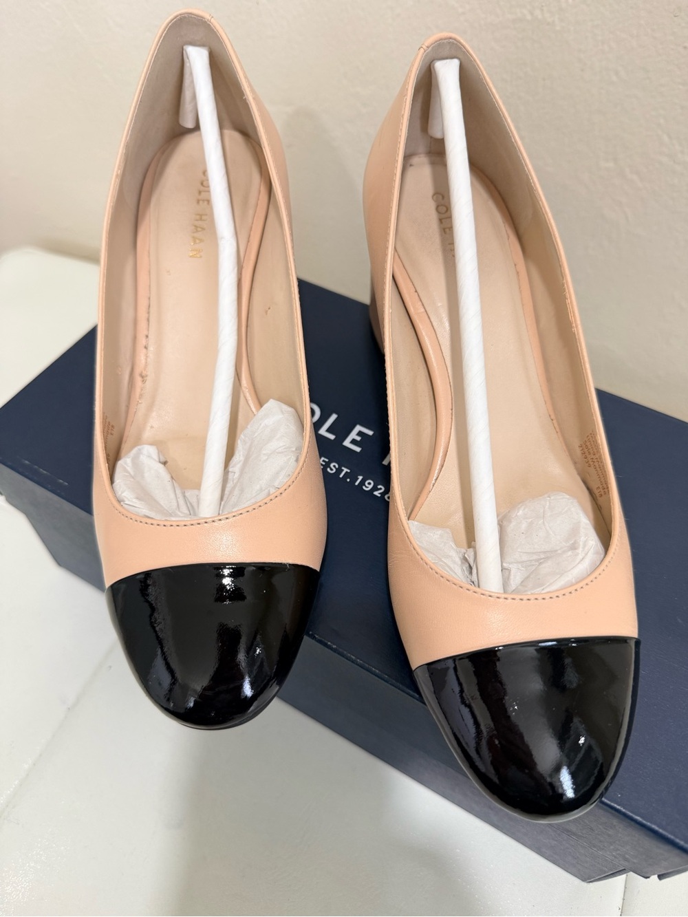 Cole Haan Dawna Grd Pump. Two-Tone Cap Toe Pumps in Nude and Black